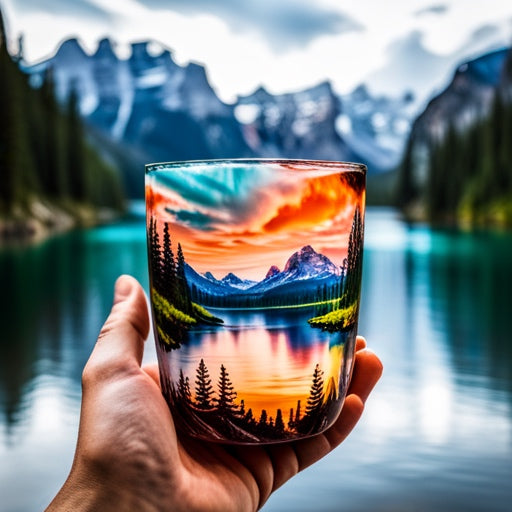 Hand holding colorful epoxy resin tumbler glass with mountain landscape design against scenic lake backdrop