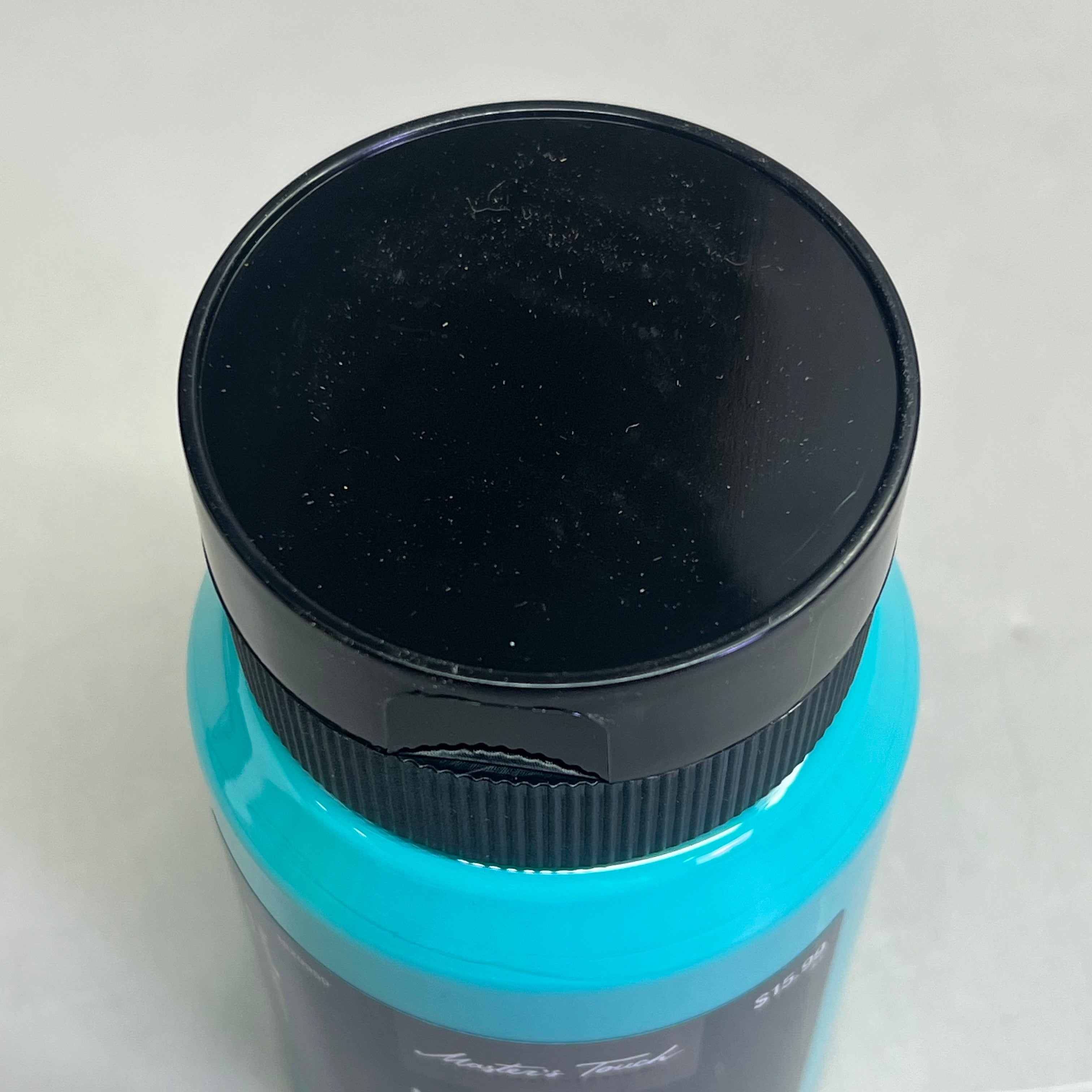 Close-up top view of Master's Touch Viridian acrylic paint bottle with black lid showing blue-green paint color through transparent plastic container on white background