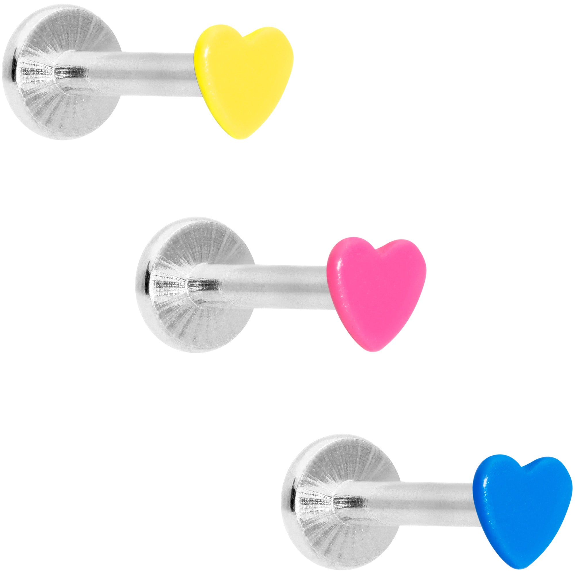 Three metallic barbell earrings with colorful heart-shaped ends on a white background