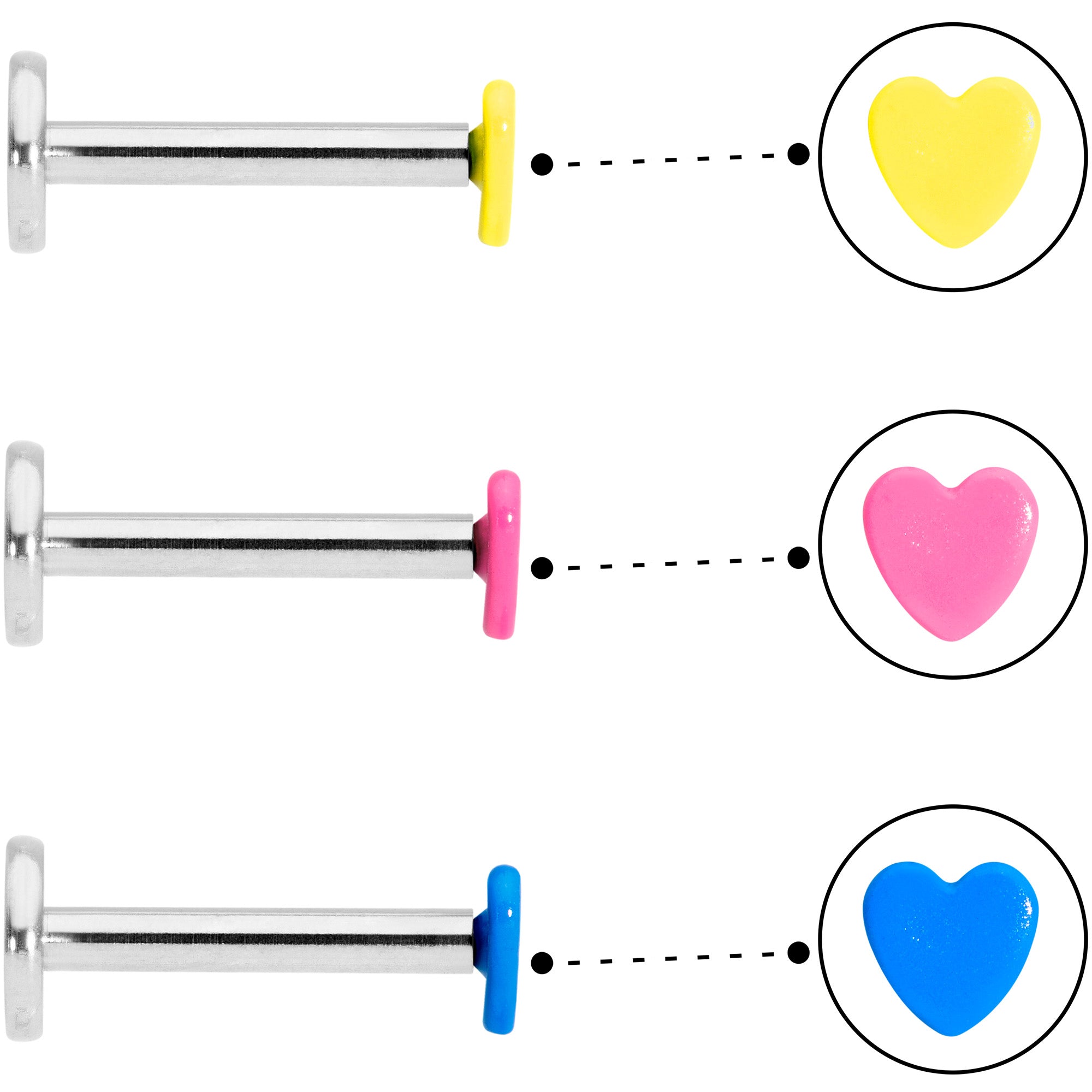 side view and top view of Three metallic barbells with colorful heart-shaped ends on a white background