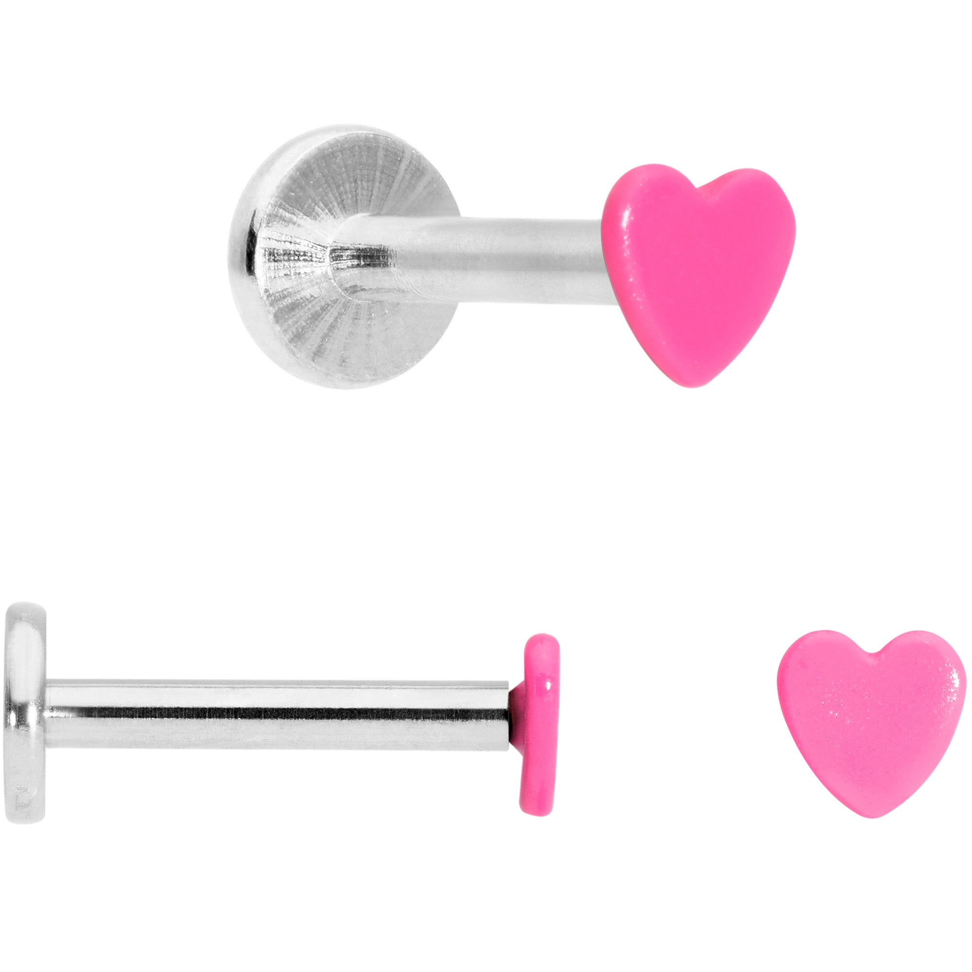 side and front views of silver barbell earrings with pink heart-shaped ends on a white background