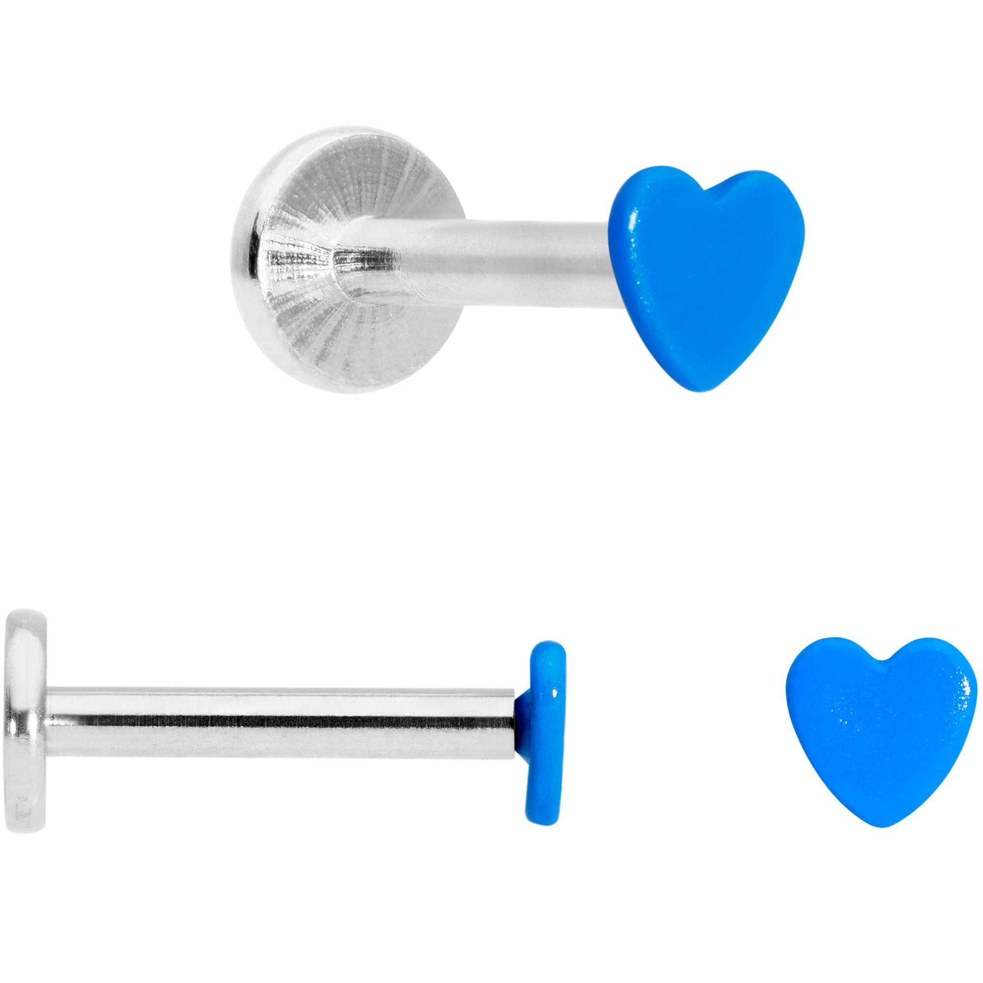 side and front views of silver barbell earrings with blue heart-shaped ends on a white background