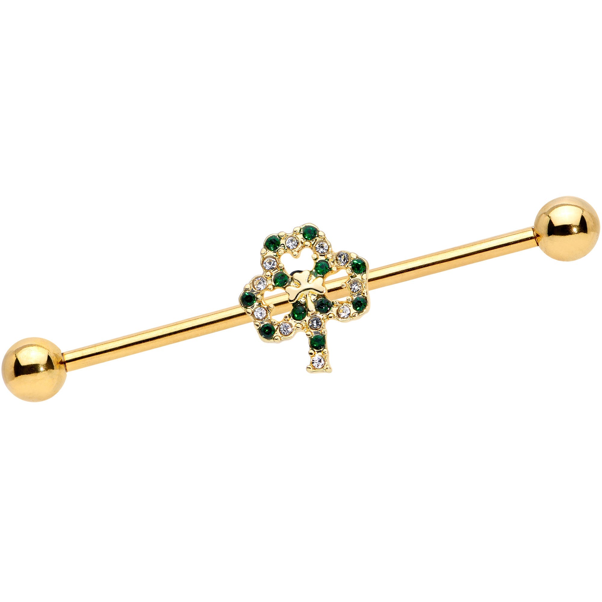 Gold barbell with green and clear gemstone shamrock on a white background