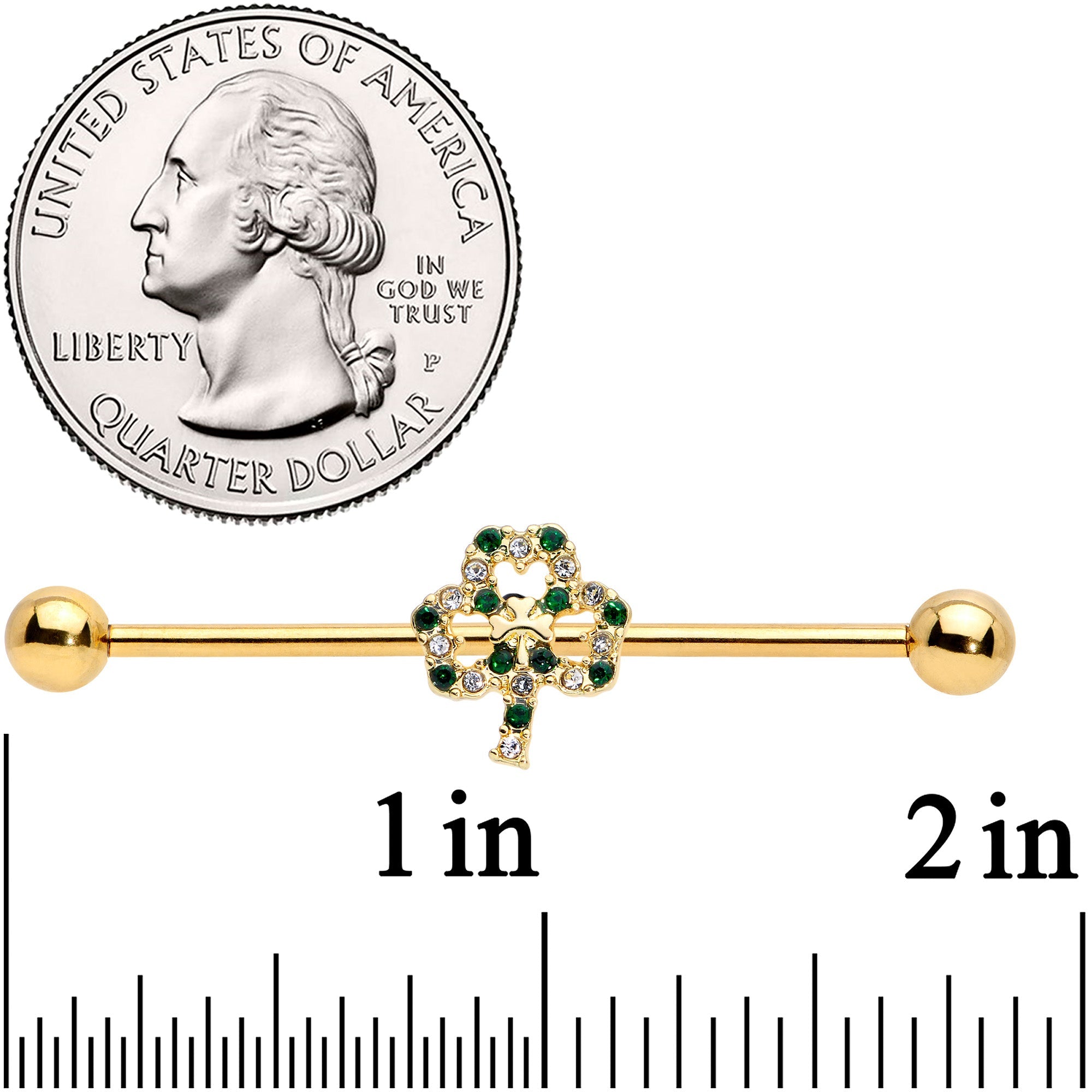 Gold barbell with green and clear crystal gemstone shamrock design next to a U.S. quarter dollar coin for size comparison.