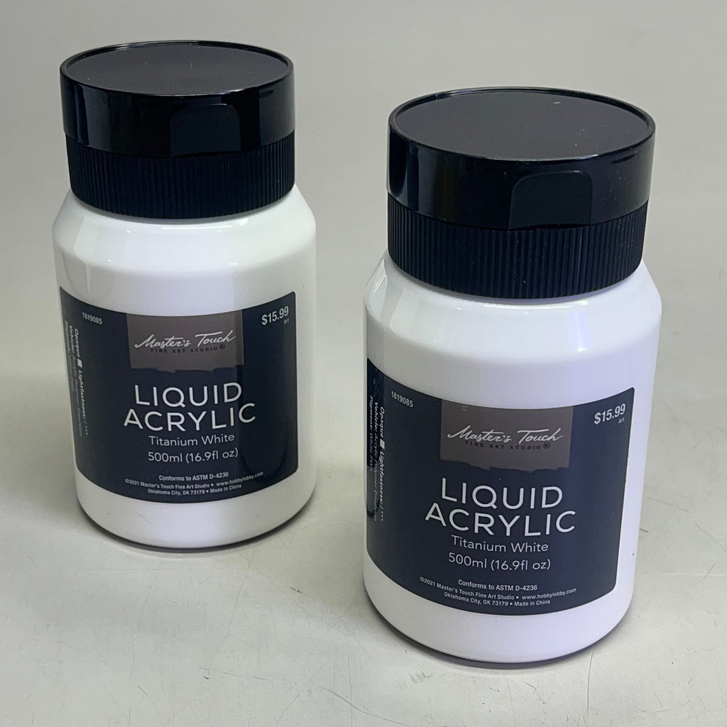 Two bottles of Master's Touch Liquid Acrylic Paint in Titanium White 16.9 fl oz on gray background - 2 pack artist paint