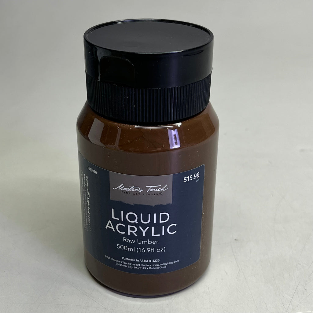Bottle of Master's Touch Liquid Acrylic Paint with black lid showing Raw Umber 16.9 fl oz on gray background