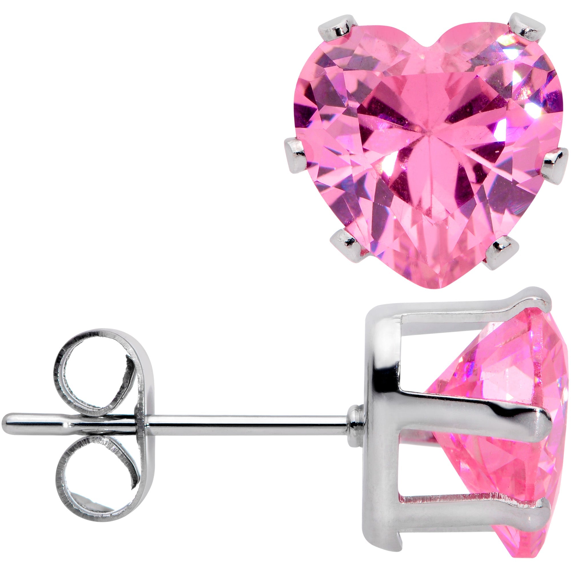 Pink heart-shaped stud earrings with silver posts on a white background - front and side views