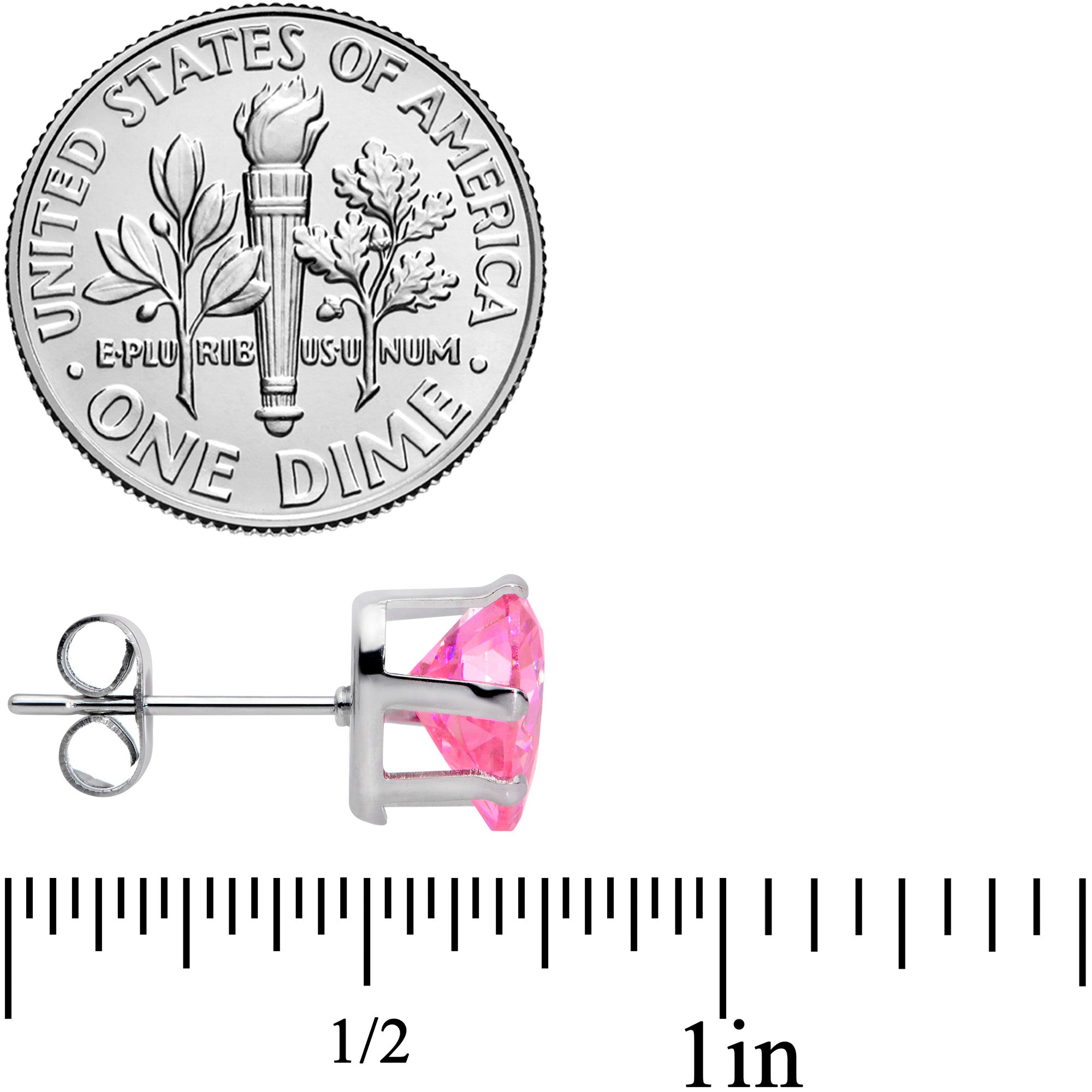 Pink stud earring next to a dime and ruler for size comparison on a white background