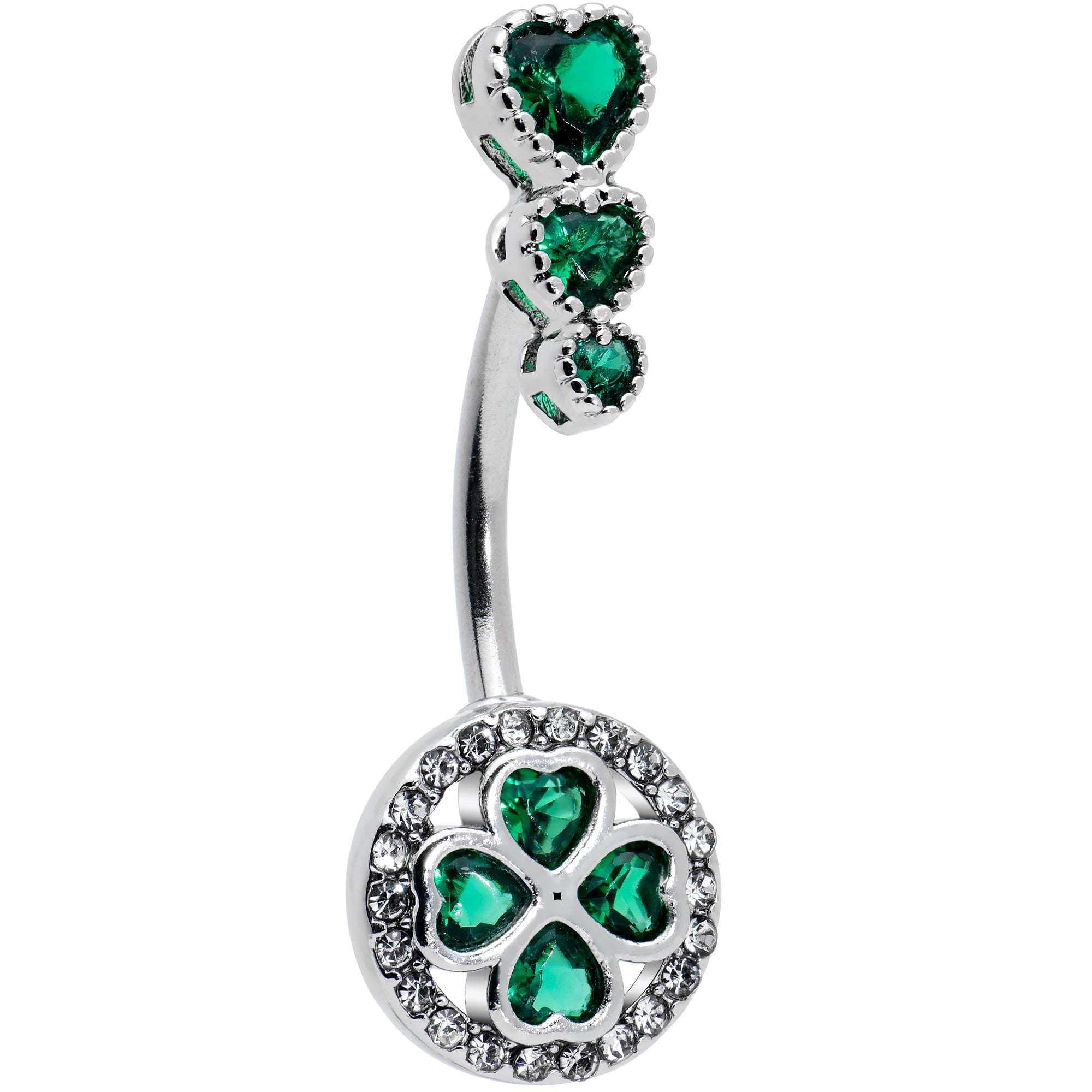 Shamrock heart belly ring 14G green gem triple drop St. Patrick's Day surgical steel double mount