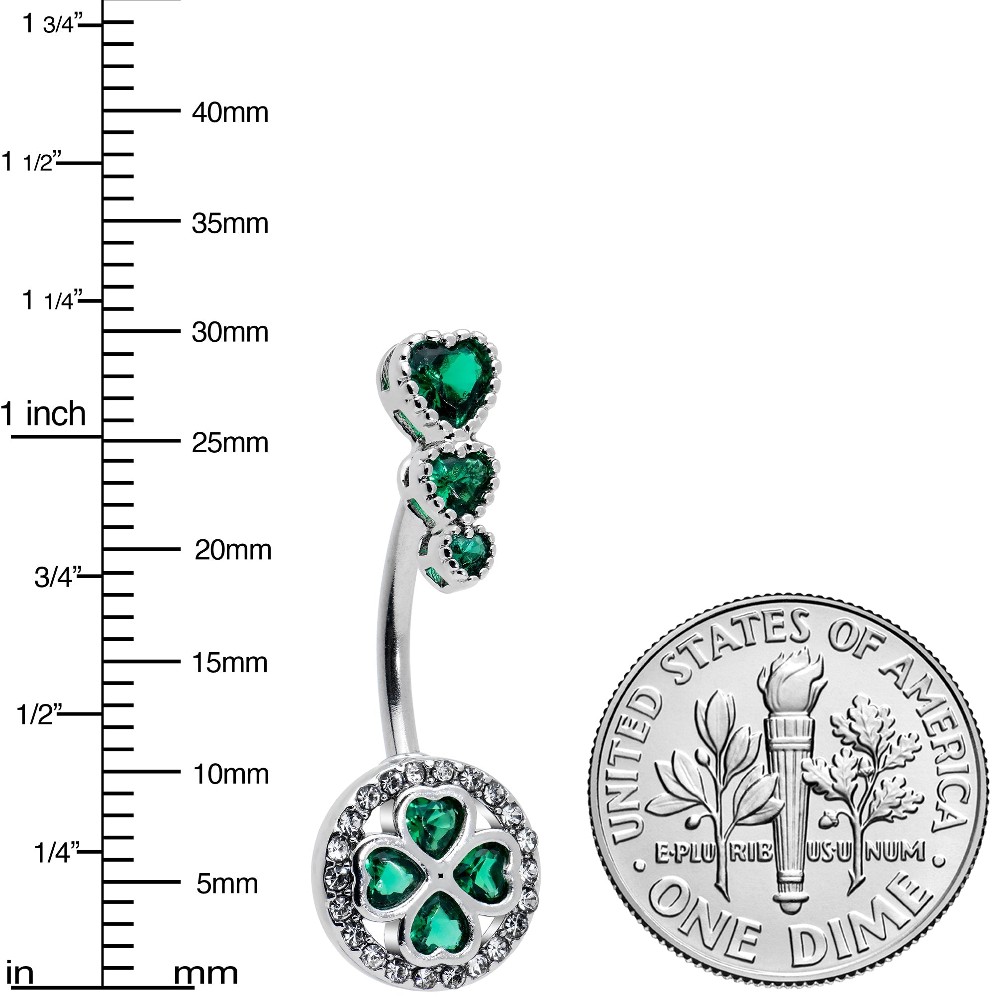 Shamrock heart belly ring size comparison dime 14G green gem St. Patrick's Day surgical steel