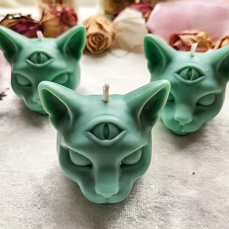 3D Three Eyed Cat Silicone Mold - Evil Cat Head Mold for Candles, Resin & Halloween Decor