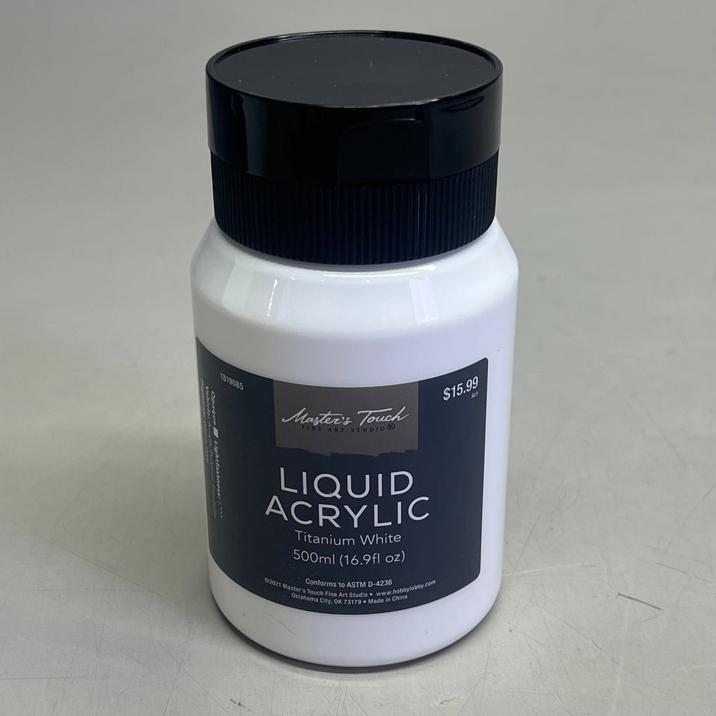 Bottle of Master's Touch Liquid Acrylic Paint with black lid showing Titanium White 16.9 fl oz on gray background