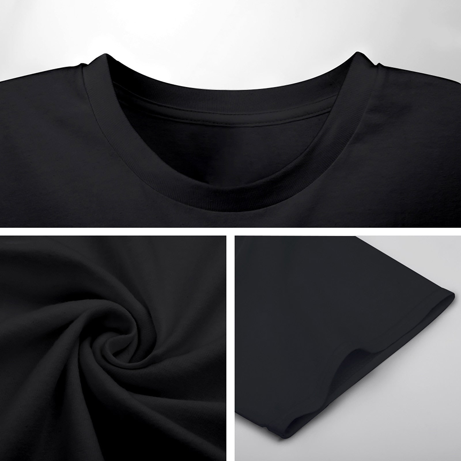 Close-up collage showing black fabric texture, neckline detail, and sleeve construction on white background