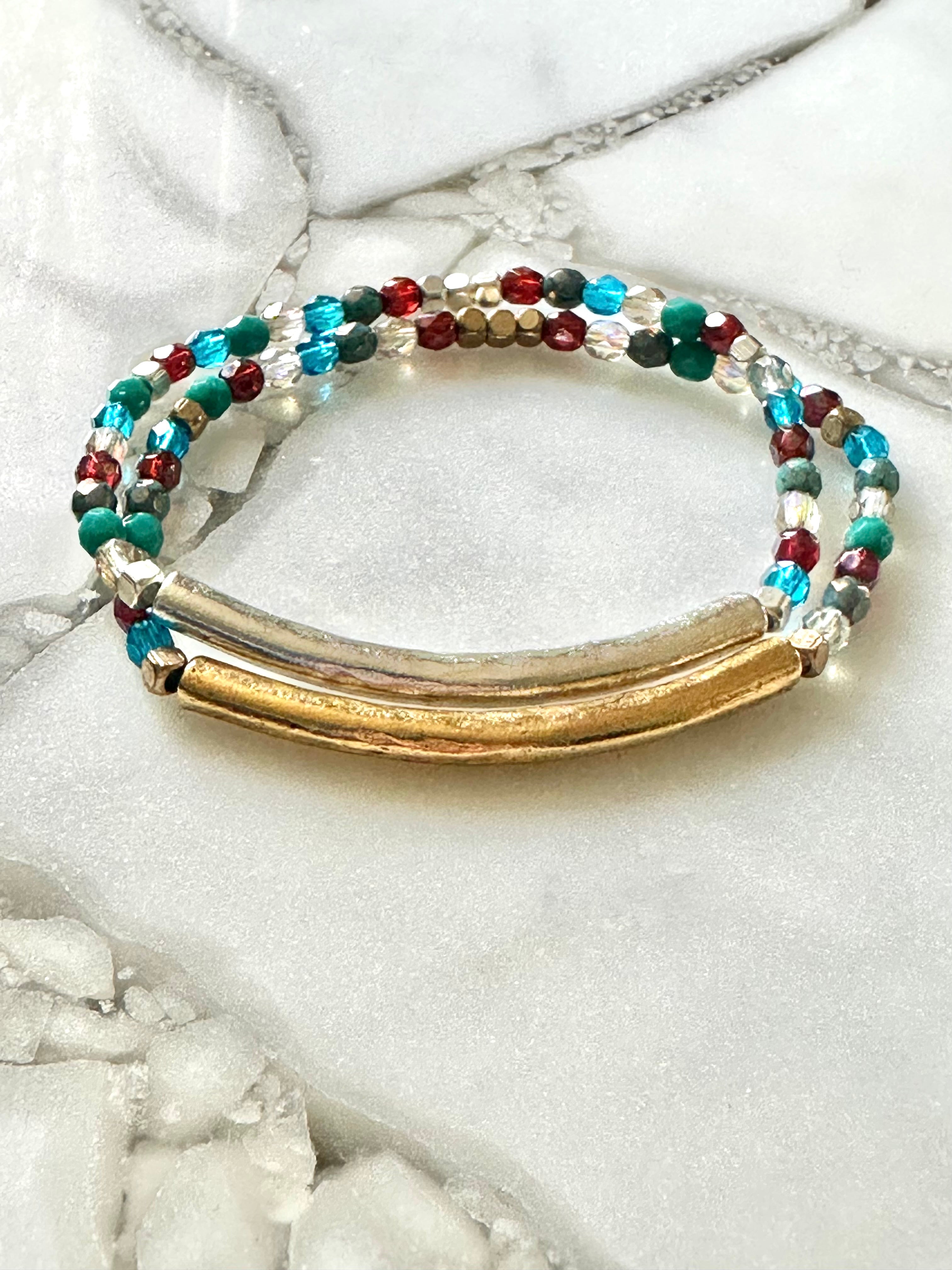 Boho beaded bracelets with silver and gold plated pewter tubes and multicolor Czech crystal beads stacked together - handmade stretch statement jewelry by AdoreJules Designs