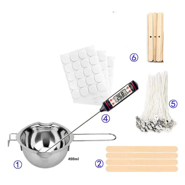 Candle Tool Kit 03 - Collection of items including stainless steel double boiler, wooden sticks, labels, thermometer, wicks, wooden wick holders and stir sticks on white background