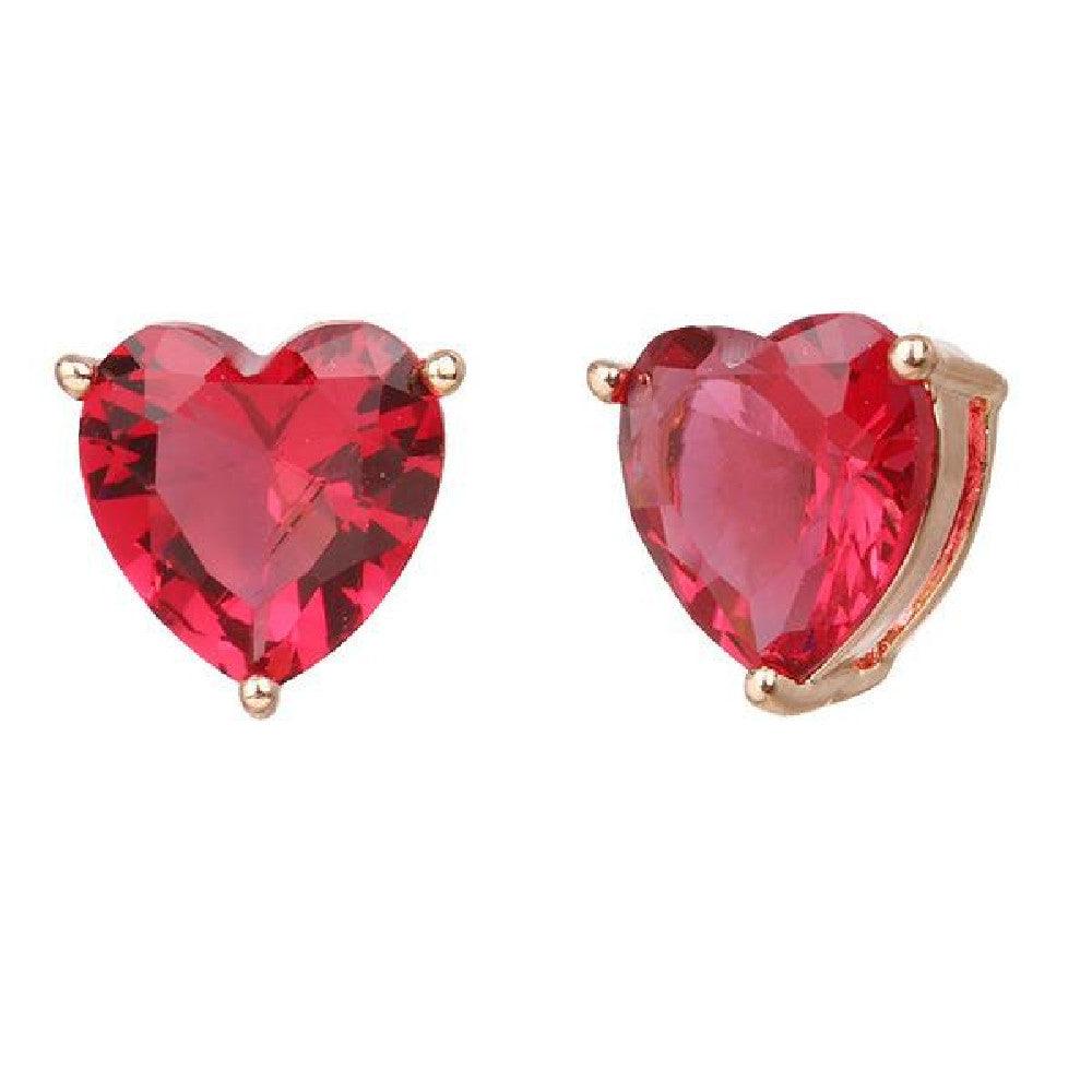 Red heart-shaped water diamond gemstone earrings with rose gold accents on white background showing front view and turned view