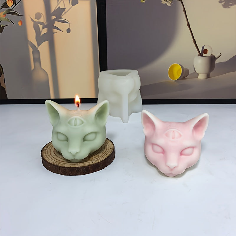 3D Three Eyed Cat Silicone Mold - Evil Cat Head Mold for Candles, Resin & Halloween Decor
