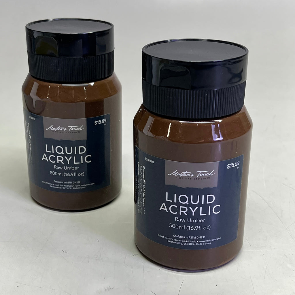 Two bottles of Master's Touch Liquid Acrylic Paint in Raw Umber 16.9 fl oz on gray background - 2 pack artist paint