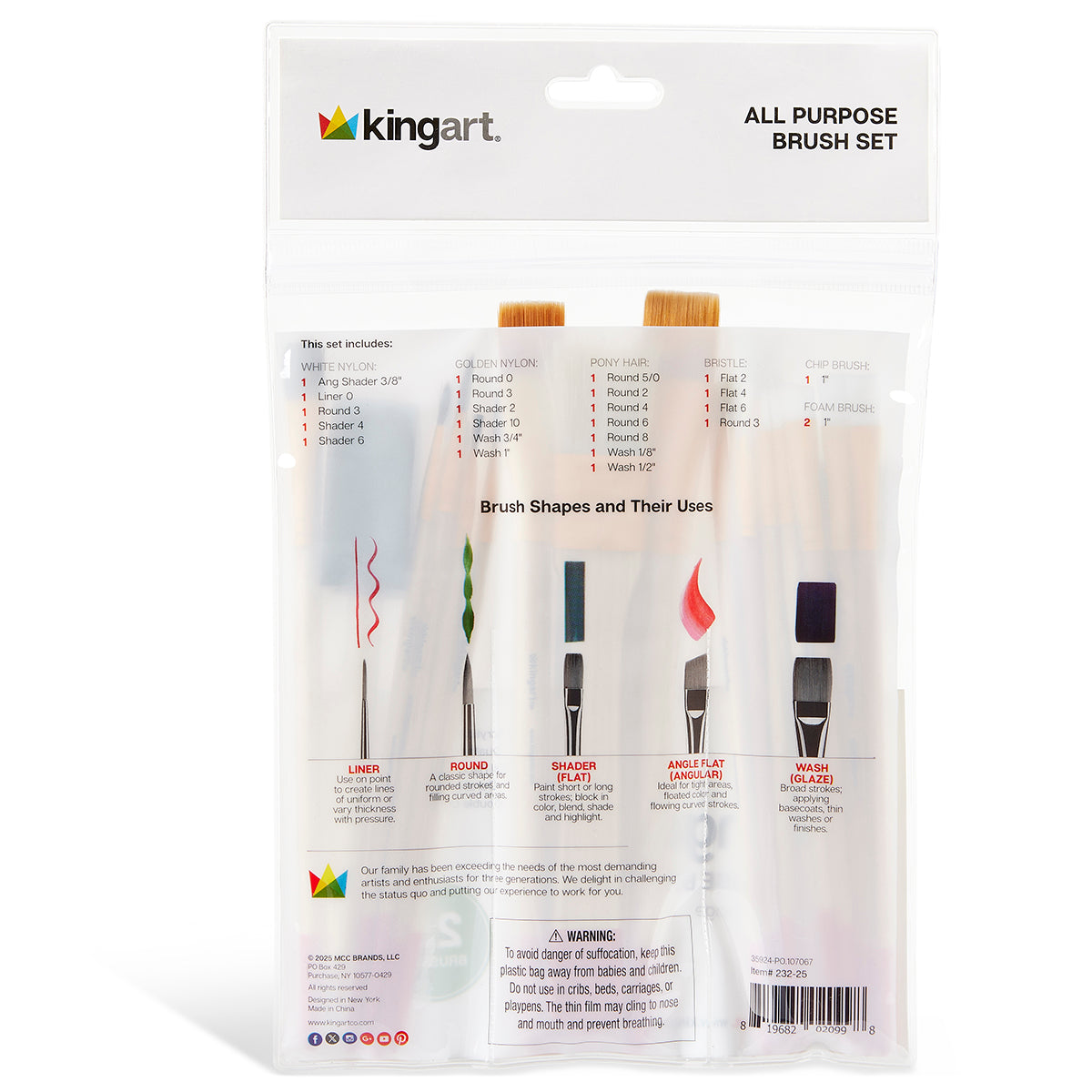 Back of KINGART 25 piece brush set packaging showing brush tips and paint stroke examples - multi-purpose artist brush guide