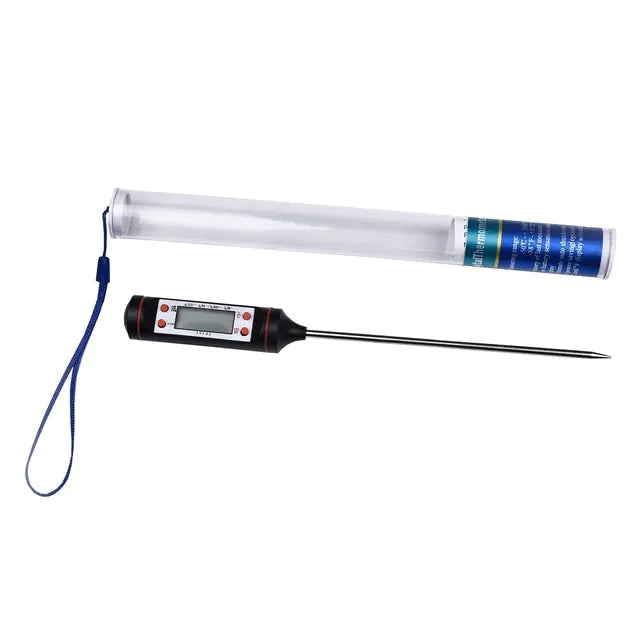 Digital thermometer with probe and carrying case on white background