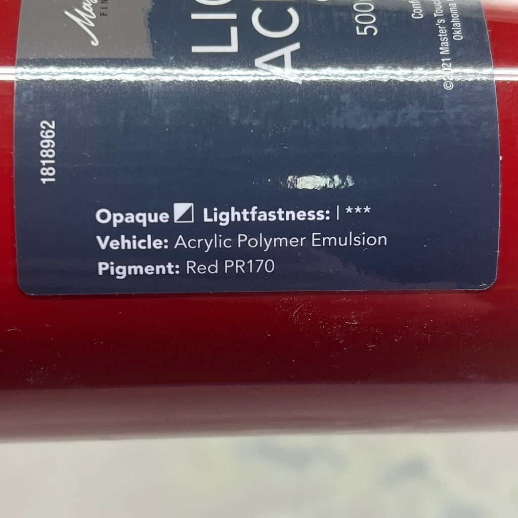 Close-up of Master's Touch Crimson acrylic paint label showing technical details and product information on red background - paint specifications