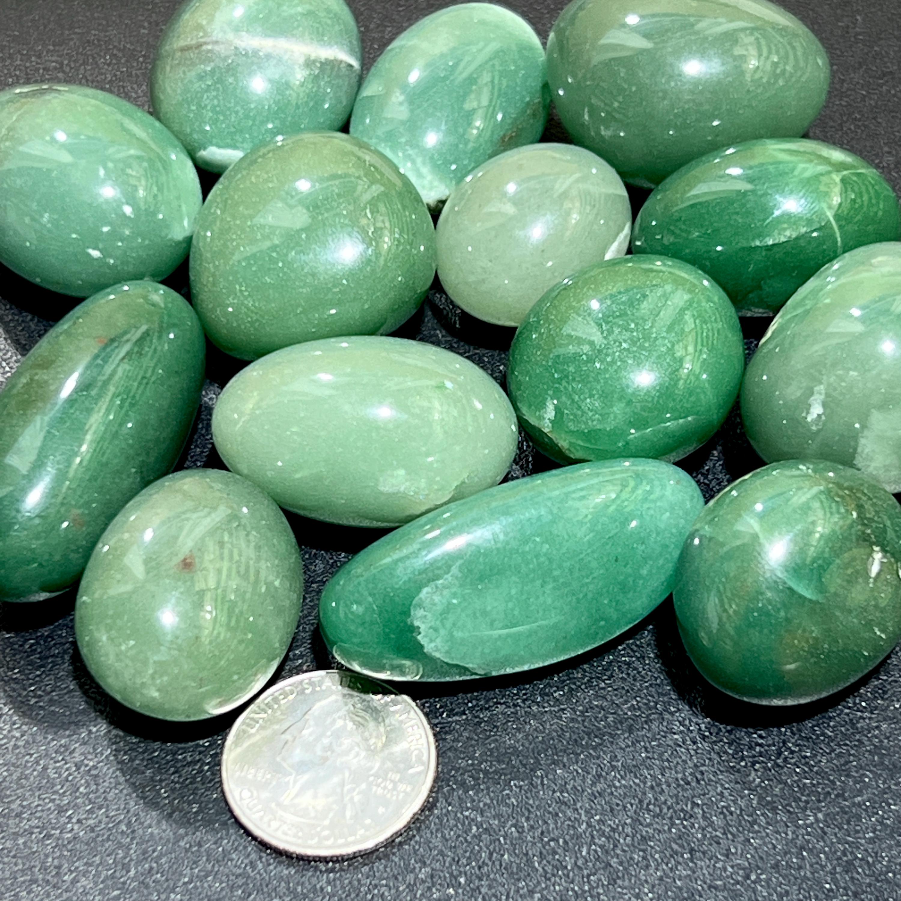 Green quartz tumbled stones with quarter for size scale 1-2 inches polished gemstones St. Patrick's Day