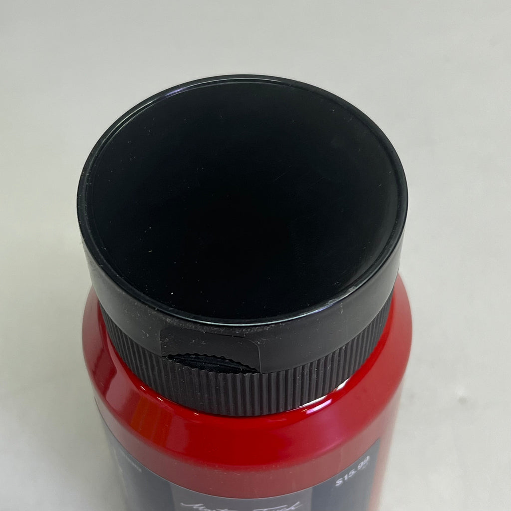 Close-up of Master's Touch Crimson acrylic paint bottle with black lid showing red paint color through transparent plastic container on white background