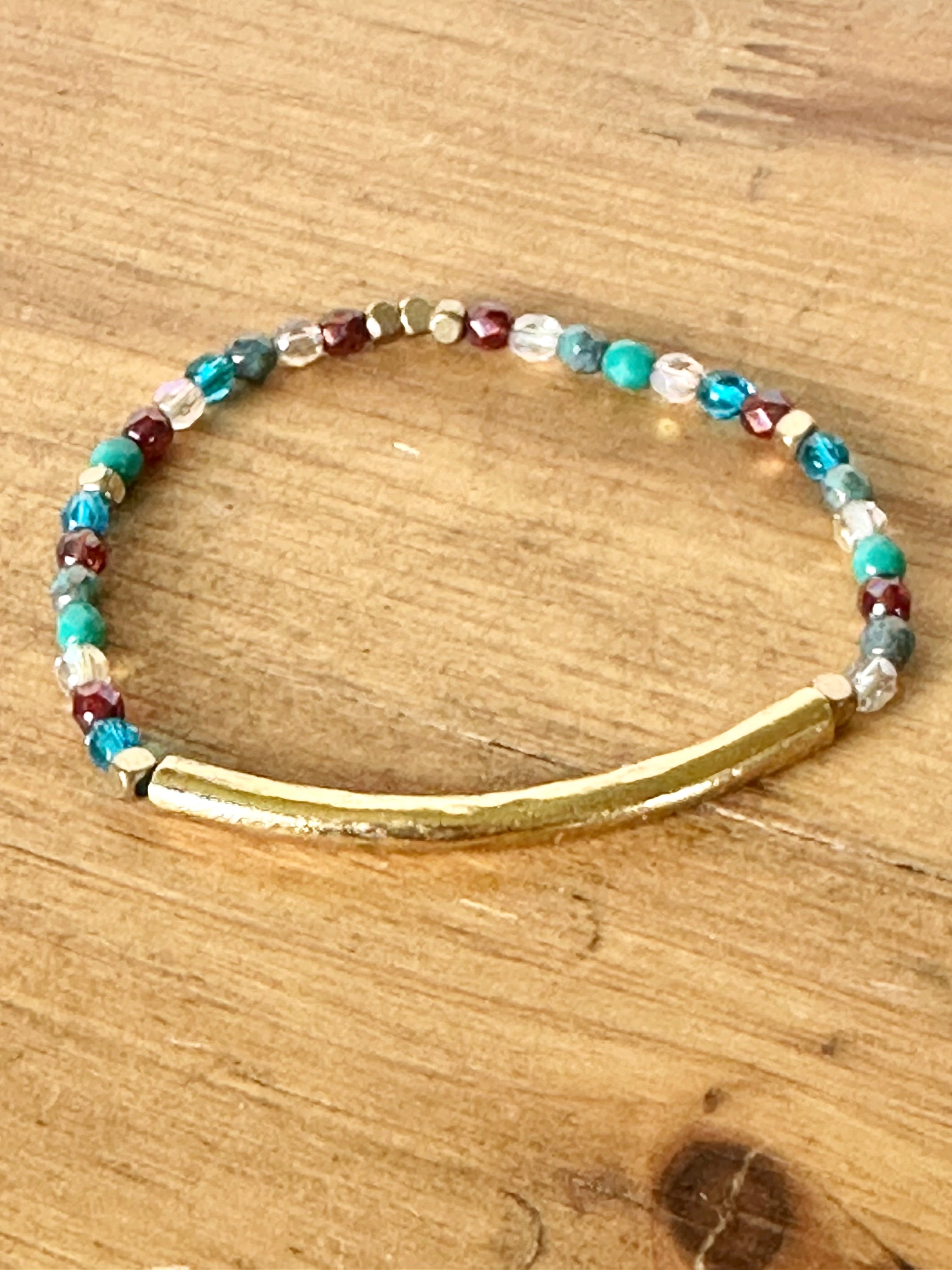 24k gold plated pewter tube beaded bracelet with multicolor Czech crystal beads - boho handmade stretch statement jewelry