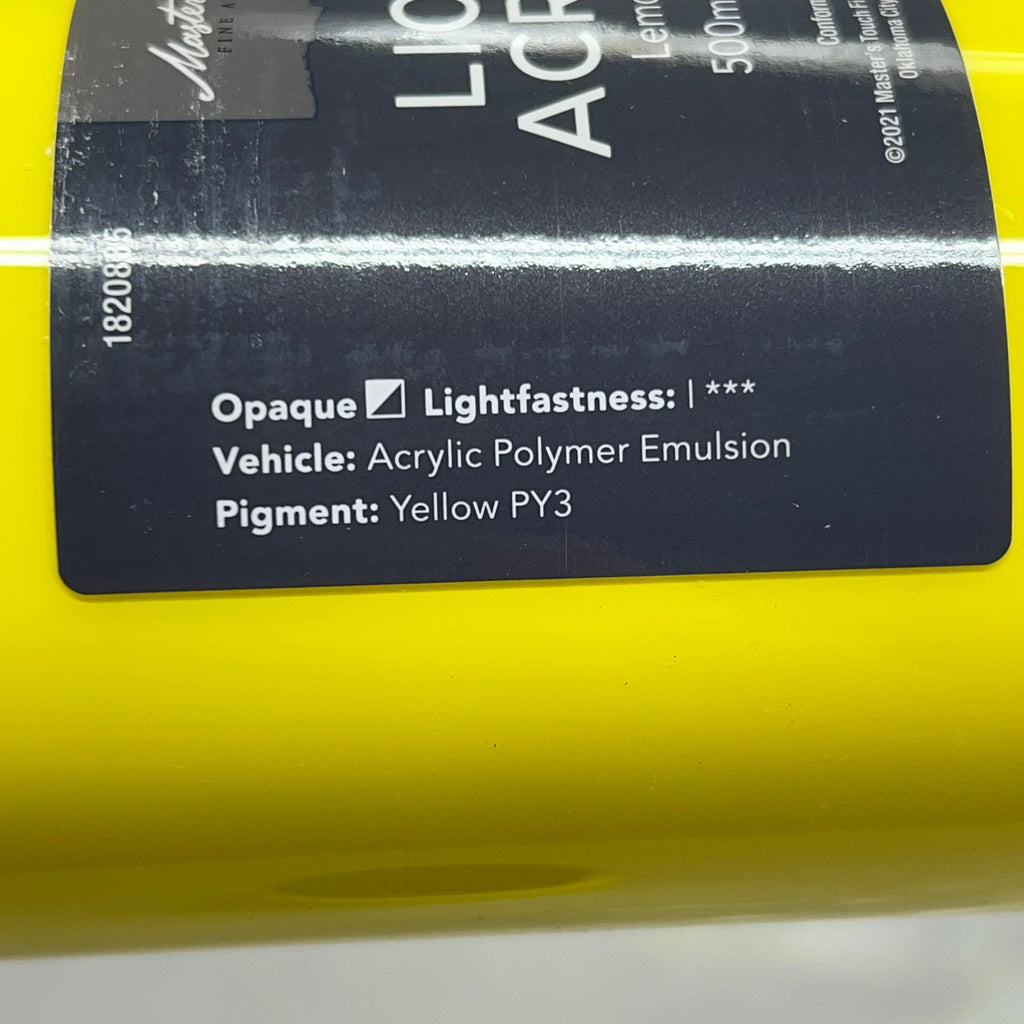 Close-up of yellow paint label side with color information - Master's Touch Lemon Yellow acrylic paint details