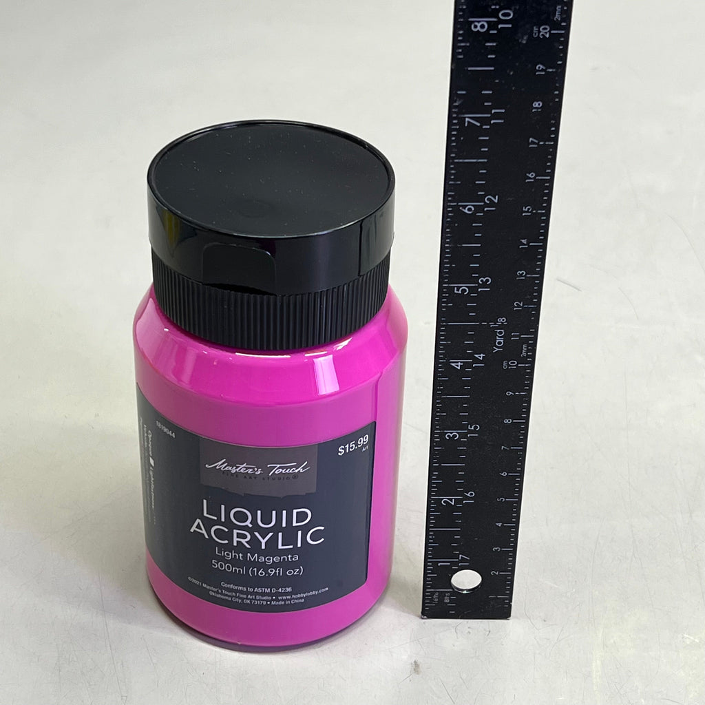 Magenta bottle of Master's Touch Liquid Acrylic Paint next to ruler for scale on white background - 16.9 fl oz light magenta acrylic