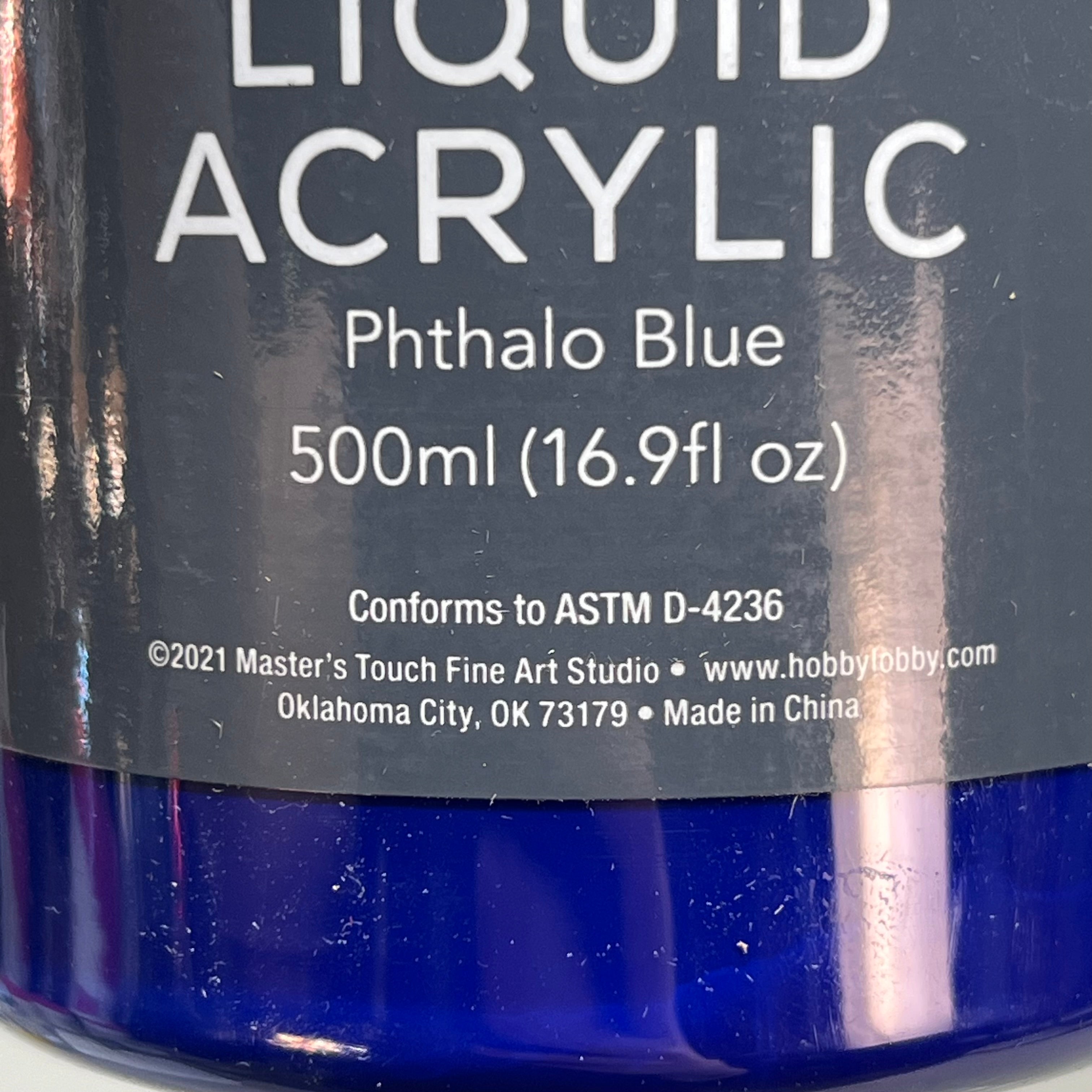 Master's Touch Fine Art Studio Liquid Acrylic Phthalo Blue paint bottle bottom label close-up showing product details - artist acrylic paint