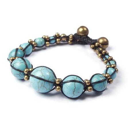 Turquoise stone boho bracelet with graduated round beads and brass accents tied with black cord - handmade Thai fair trade artisan jewelry by Lumily