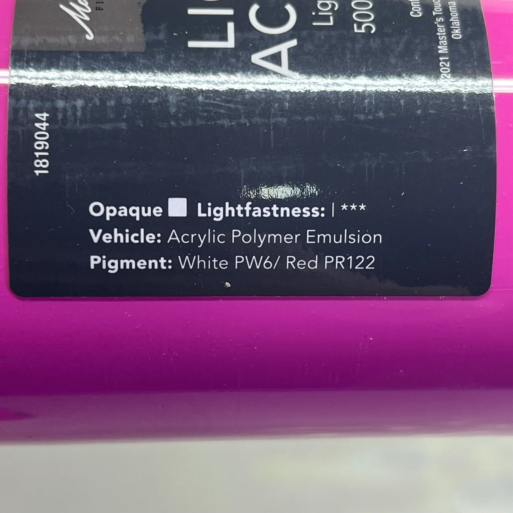 Close-up of magenta paint label side with color information - Master's Touch Light Magenta acrylic paint details
