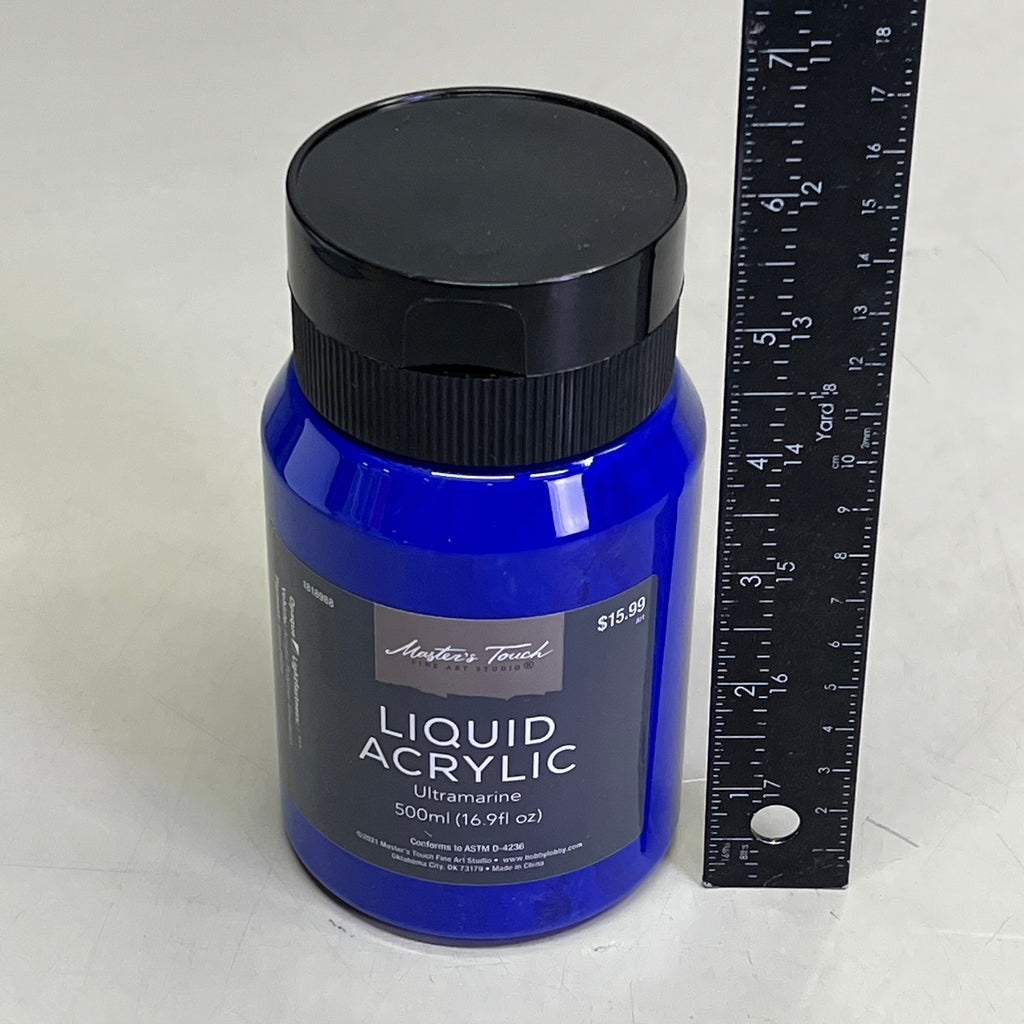 Bottle of Master's Touch Liquid Acrylic Paint next to ruler for scale on white background - 16.9 fl oz ultramarine acrylic
