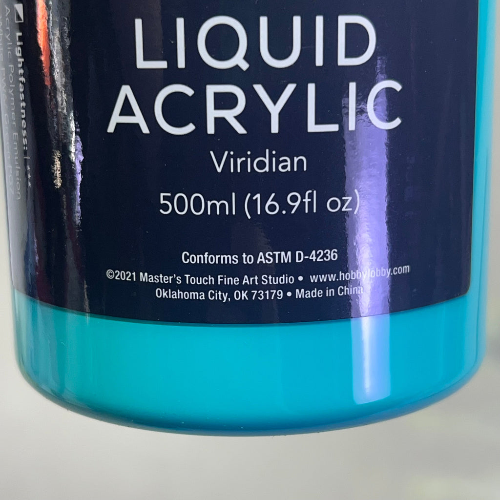 Master's Touch Liquid Acrylic Viridian paint bottle with blue label showing turquoise blue-green paint color through transparent plastic bottle - artist acrylic paint