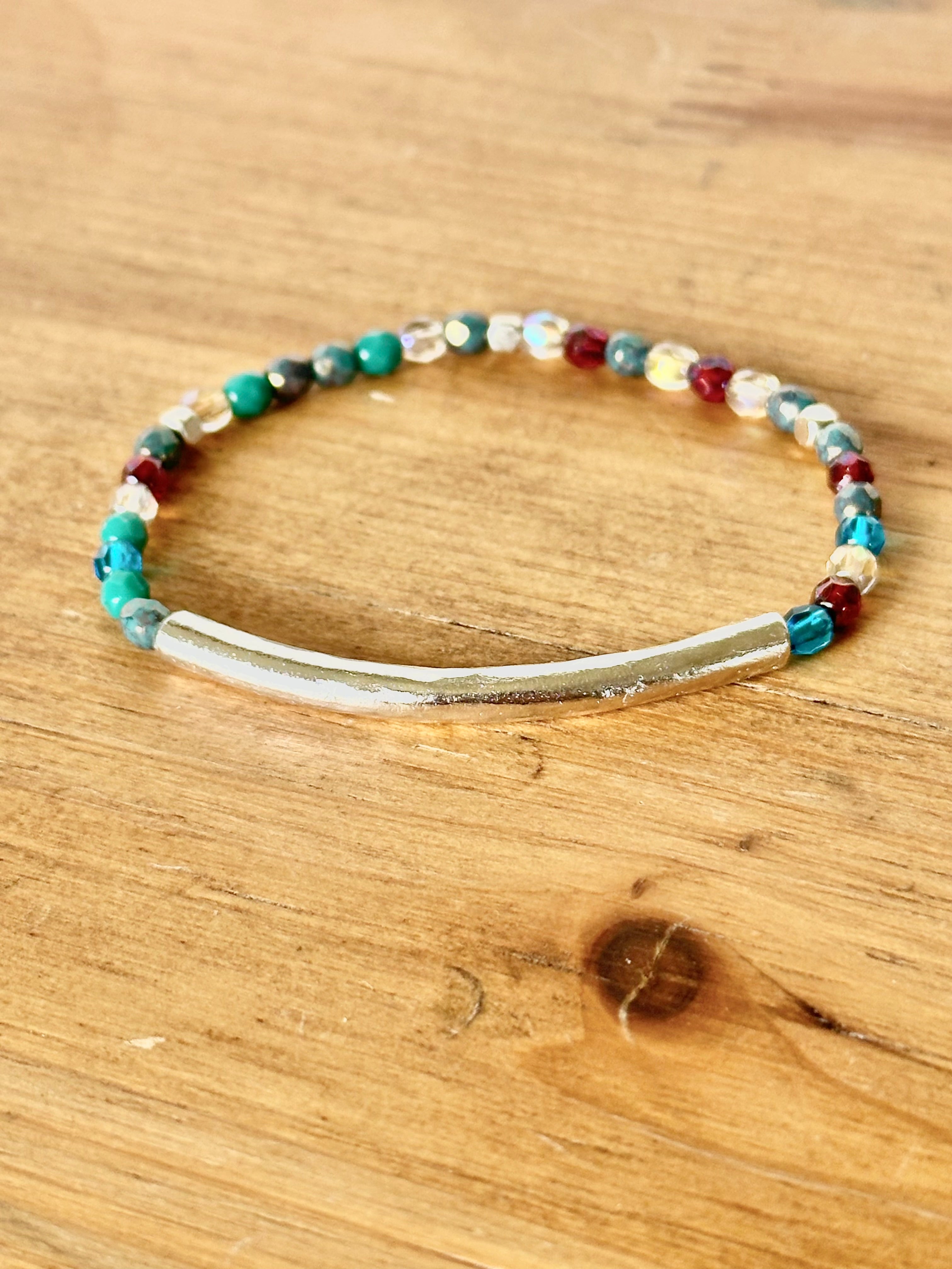 Silver plated pewter tube beaded bracelet with multicolor Czech crystal beads - boho handmade stretch statement jewelry