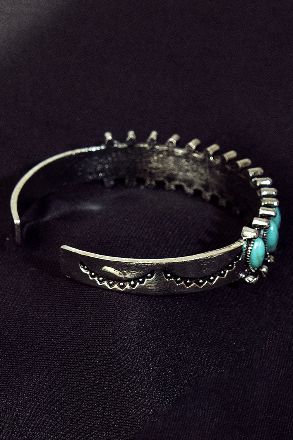 Green turquoise beaded open cuff bracelet - back view on black background