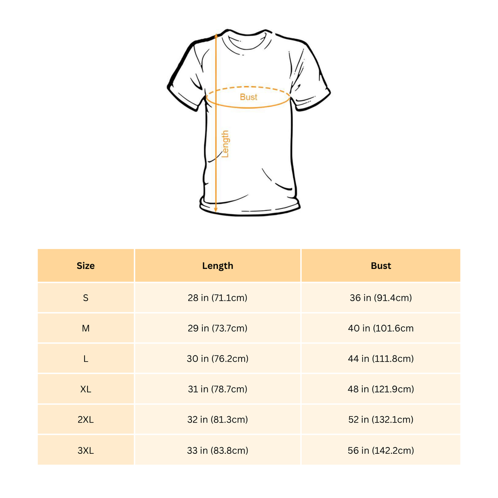 T-shirt size chart with measurements for 'Keep the Immigrants Deport the Racists' political activism tee