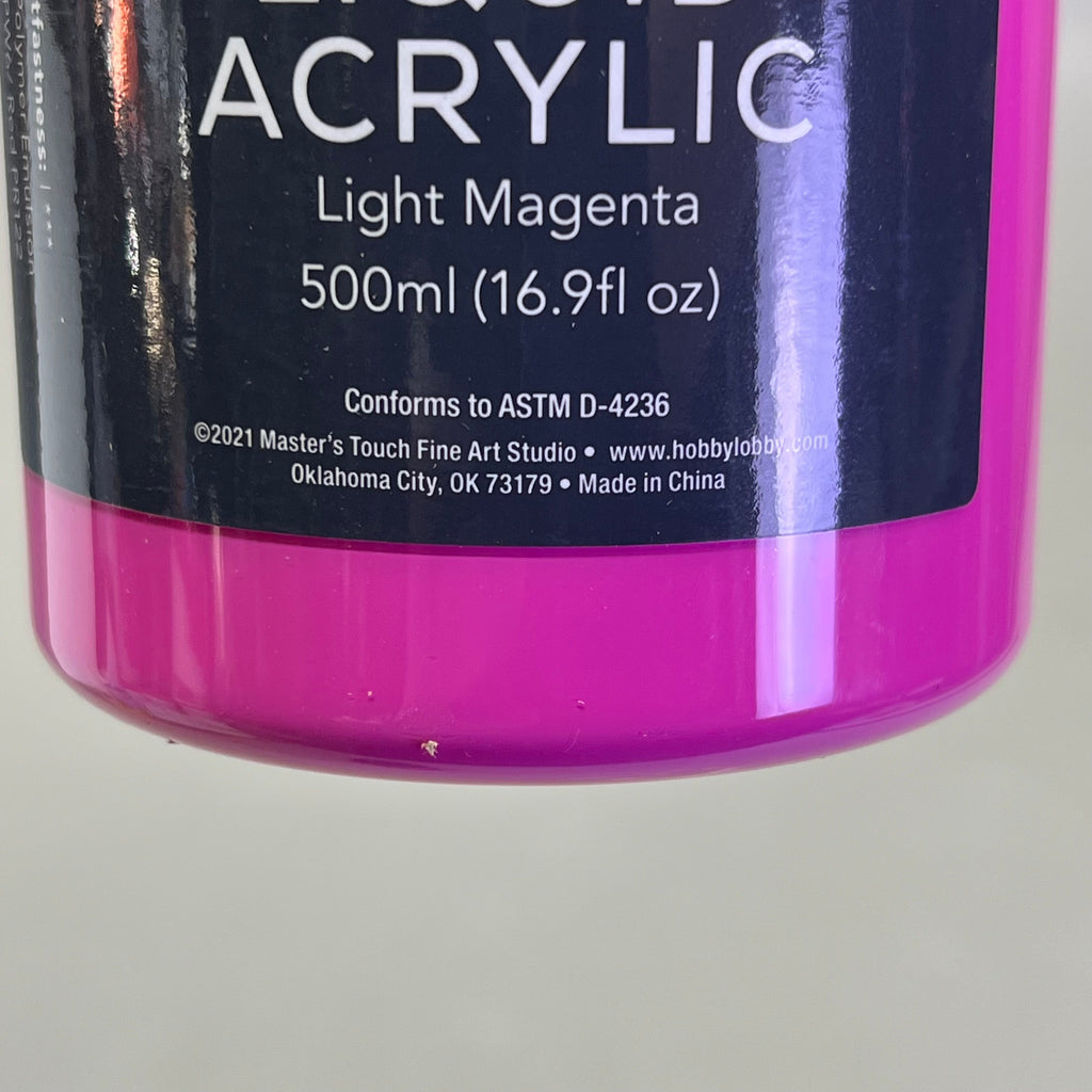 Bottom of Master's Touch Liquid Acrylic Paint label showing Light Magenta 500ml 16.9 fl oz on magenta bottle