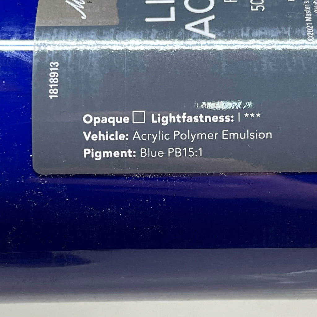 Close-up of Master's Touch Phthalo Blue acrylic paint label showing technical details and product information on dark blue background - paint specifications