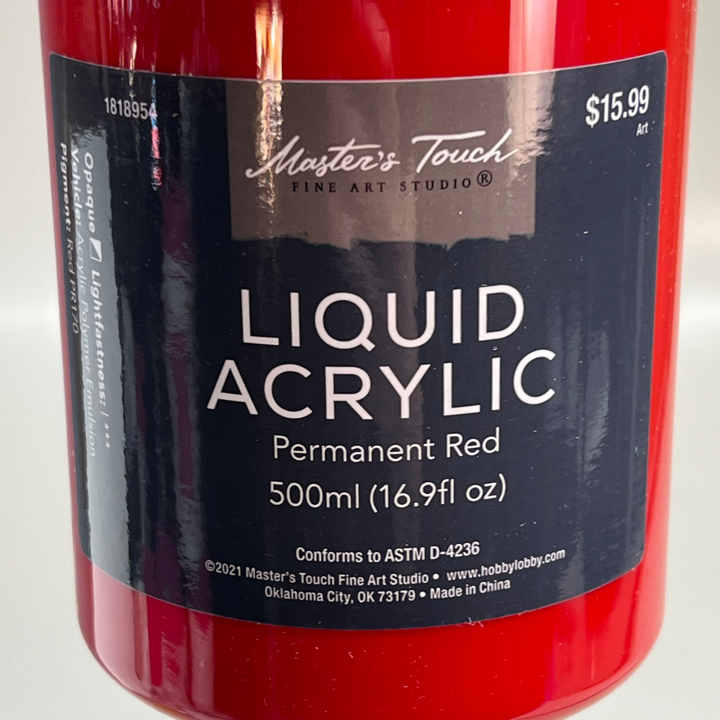 Close up of Master's Touch Liquid Acrylic Paint label showing Permanent Red 16.9 fl oz on white background - artist acrylic paint