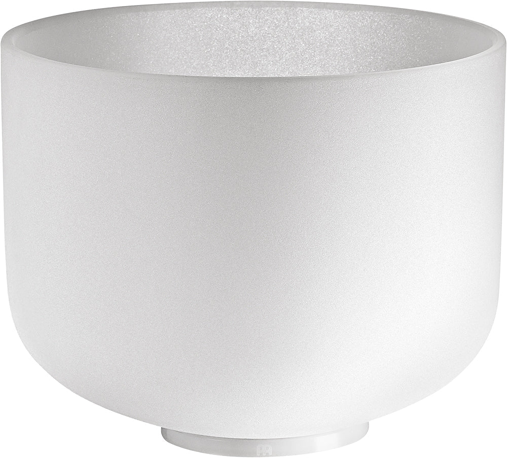 10 inch white frosted crystal singing bowl tuned to D4 Sacral Chakra frequency on white background