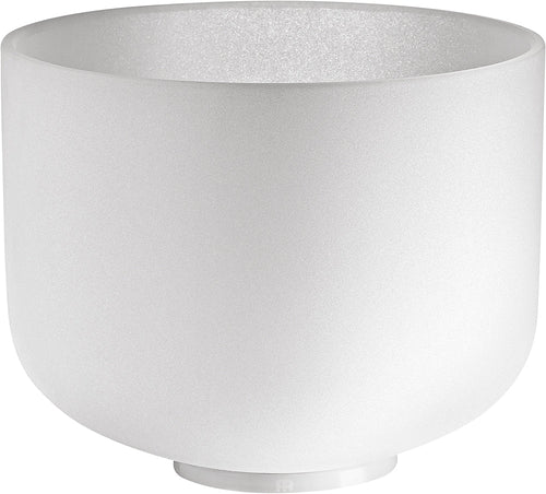 10 inch white frosted crystal singing bowl tuned to D4 Sacral Chakra frequency on white background