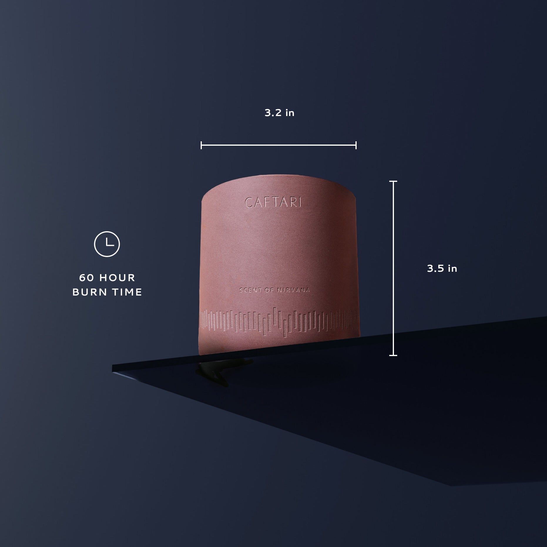 Cylindrical CAFTARI candle with dimensions and burn time information on dark background