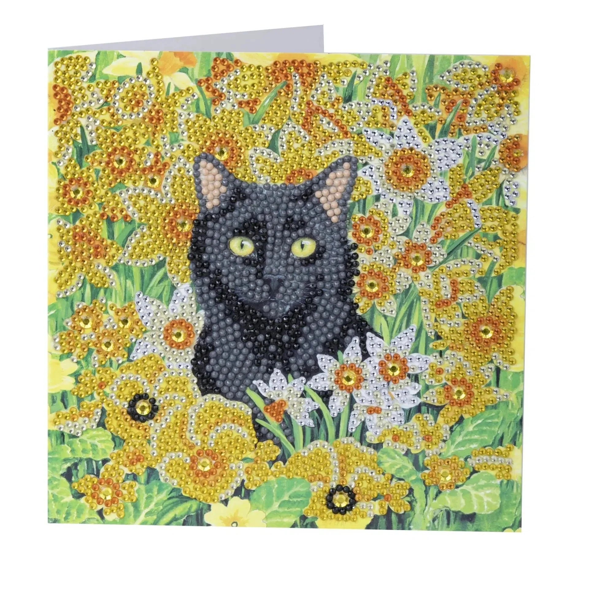 Diamond Art greeting card with a black cat surrounded by yellow flowers