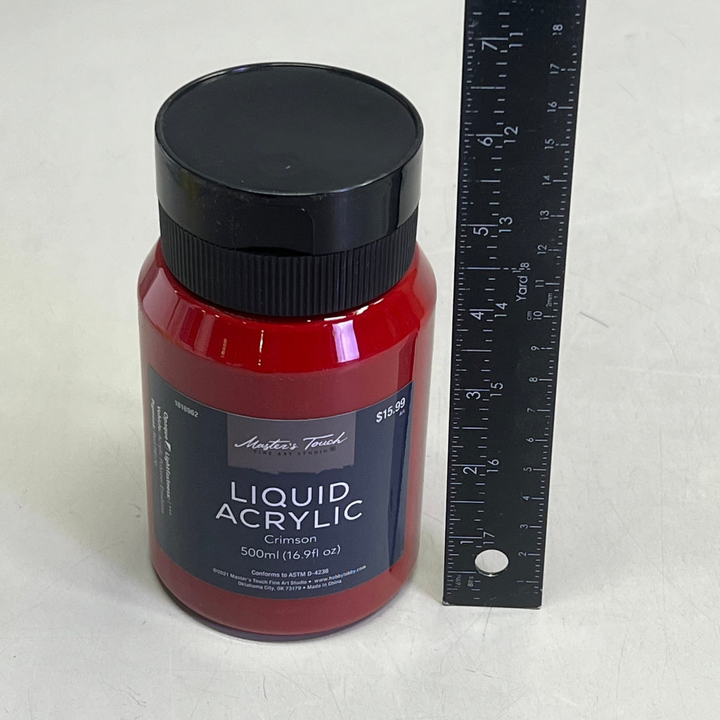 Master's Touch Liquid Acrylic Crimson paint bottle with black lid next to ruler showing size comparison on white background - 16.9 fl oz acrylic paint