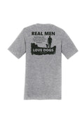 Back view of gray t-shirt with 'Real Men Love Dogs' printed text design on white background - dog dad graphic tee by Dog is Good