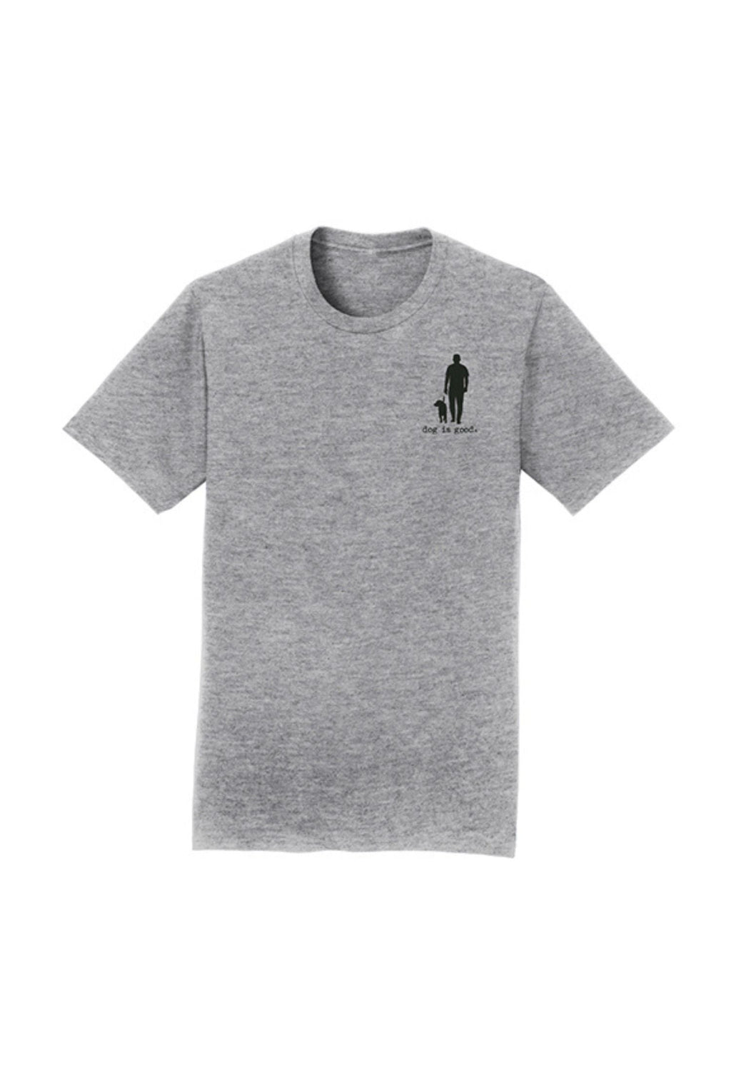 Front view of gray t-shirt with small logo on left chest area - Real Men Love Dogs dog dad tee