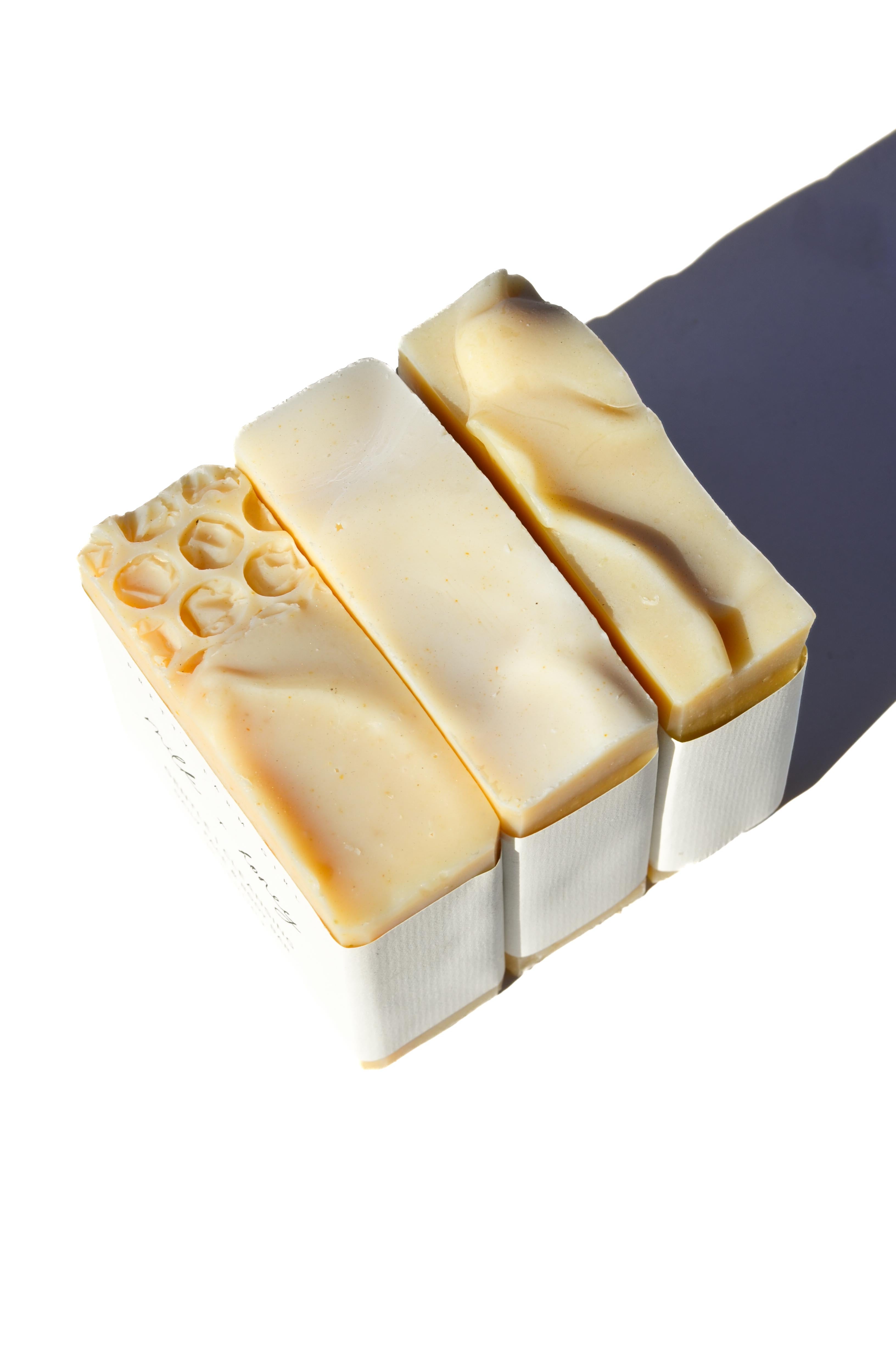 Tallow and goat milk soap set - three fragrance-free natural bars wrapped in white labels