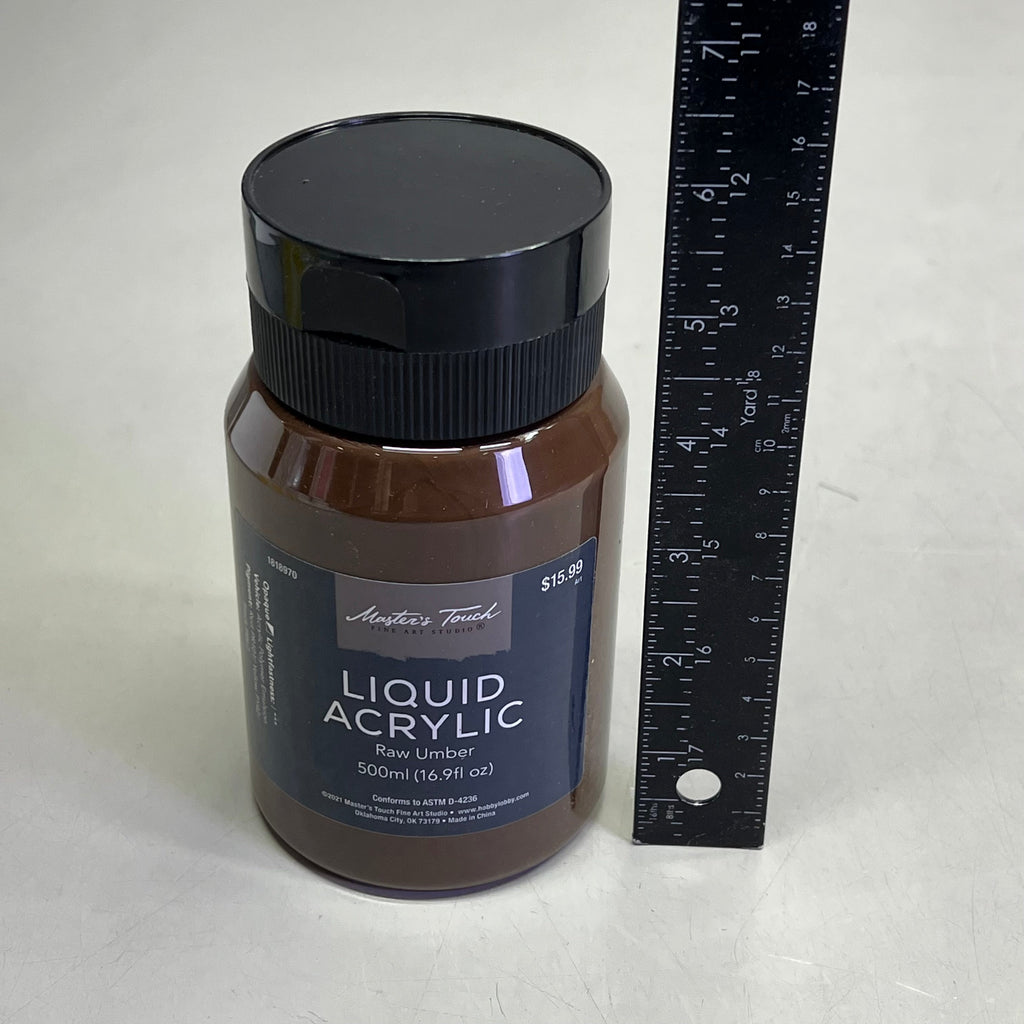 Bottle of Master's Touch Liquid Acrylic Paint next to ruler for scale on white background - 16.9 fl oz raw umber acrylic